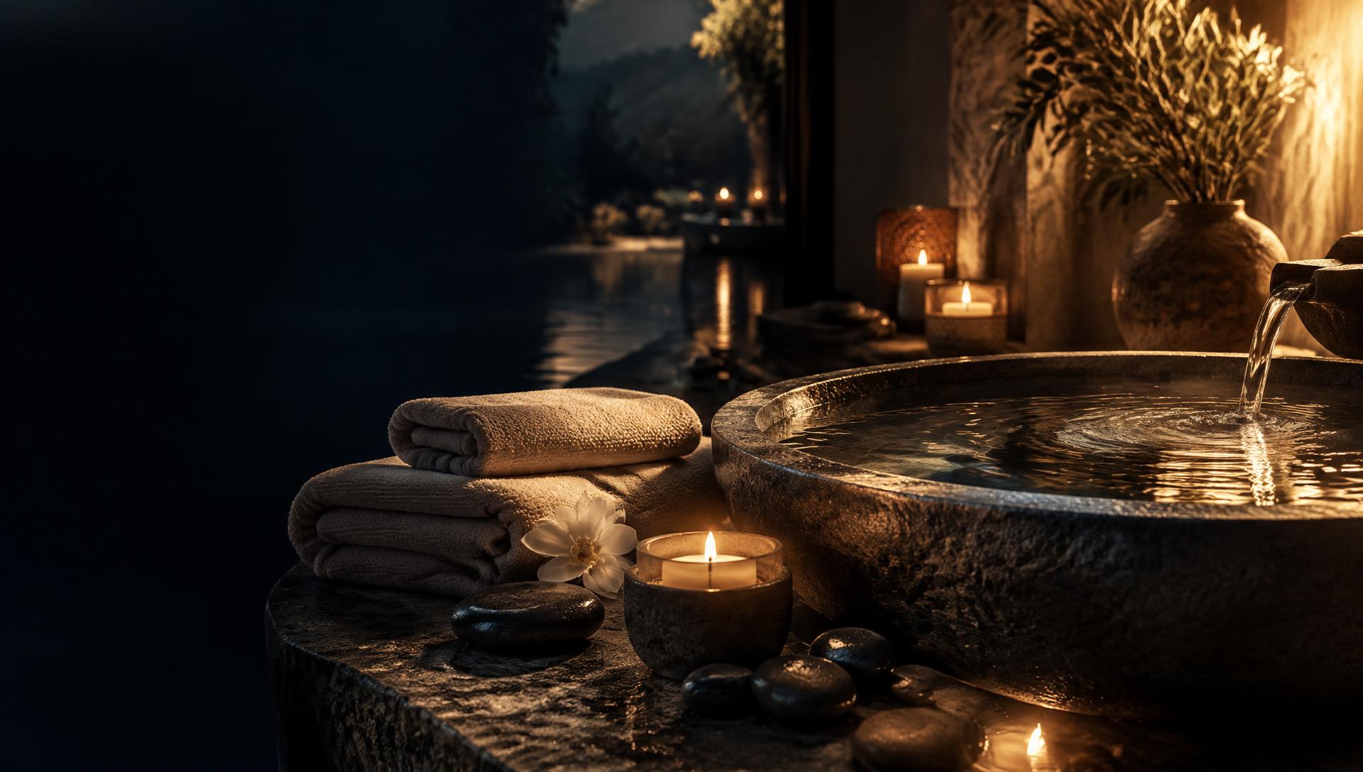 Candlelit spa ritual with warm towels, smooth stones and a rippling stone basin